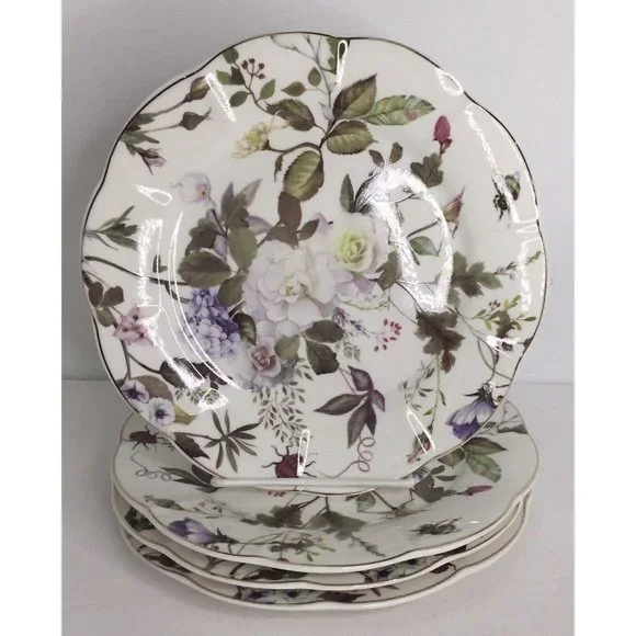 4 Salad Plates Stechcol Gracie Bone China Coastline WhitePurple7 1/2" New